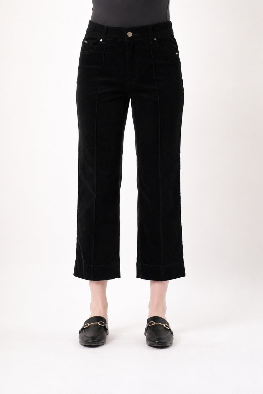 Lisette L Charlene Corduroy 26" Pintuck Wide Crop in black, front view