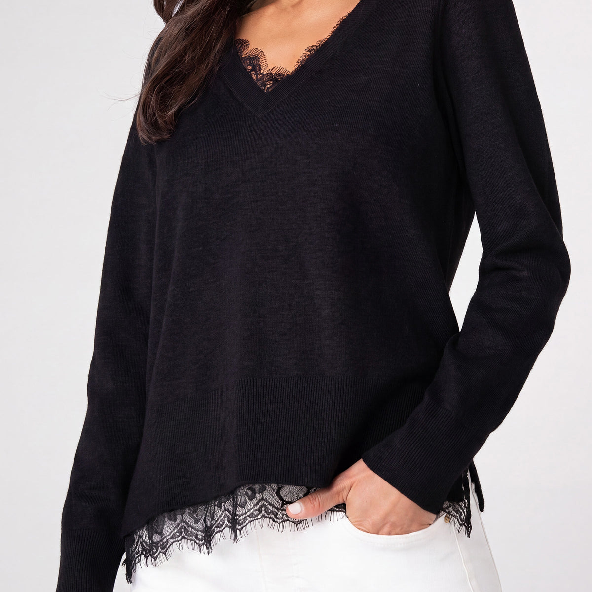 Liverpool Los Angeles V-neck long sleeve sweater with lace trim in black, front view