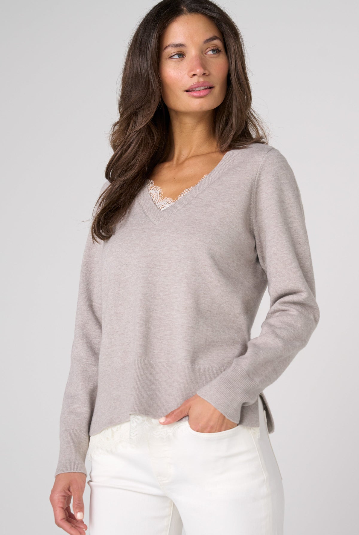 Liverpool Los Angeles V-neck long sleeve sweater with lace trim in soft grey heather, front view