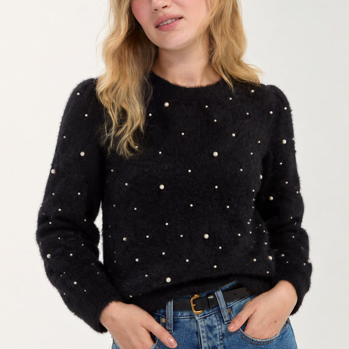 Liverpool Los Angeles pearl embellished puff sleeve crewneck sweater in black, front view