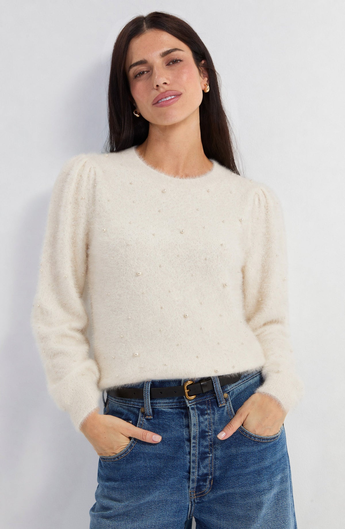 Liverpool Los Angeles pearl embellished puff sleeve crewneck sweater in ivory
