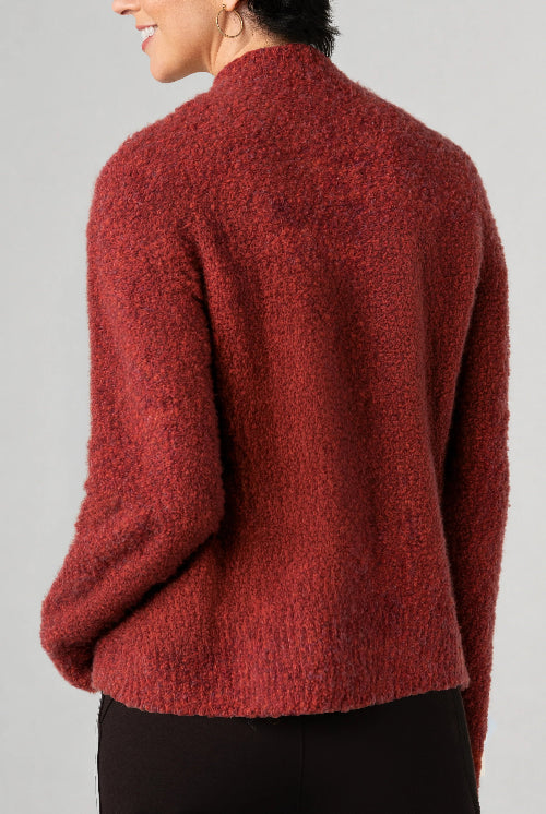 Back view of a woman wearing a rust multi mock-neck pullover sweater in a soft, textured knit, paired with black pants against a light gray studio background.
