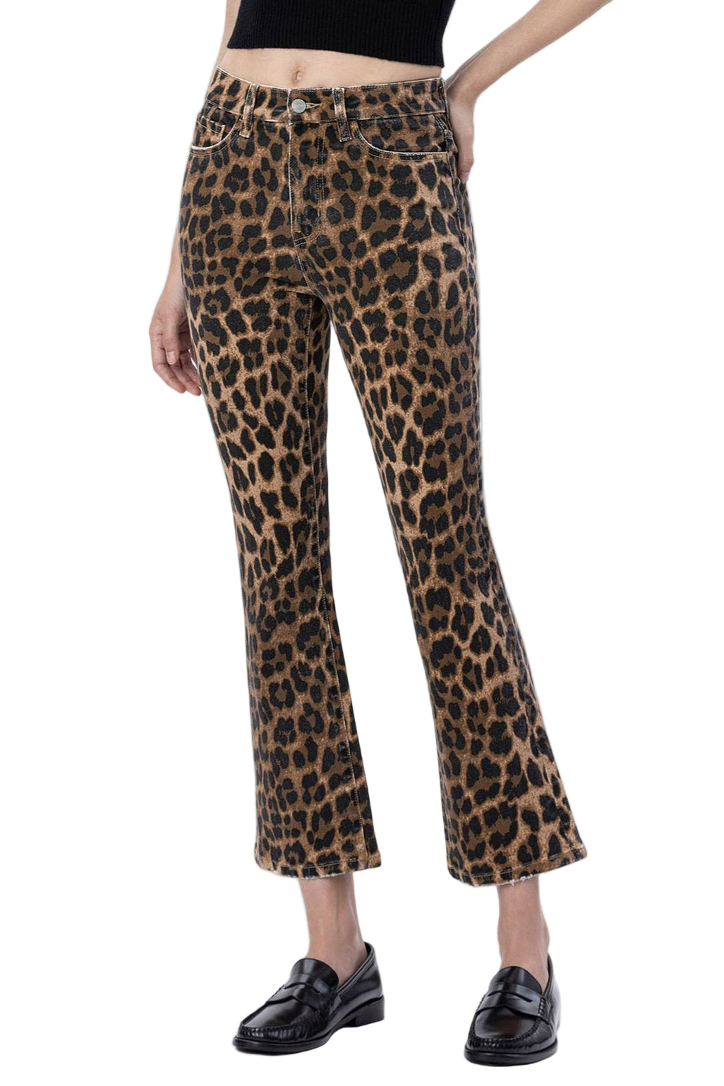 Lovervet by Vervet High Rise Leopard Kick Flare Jeans in leopard print, front view