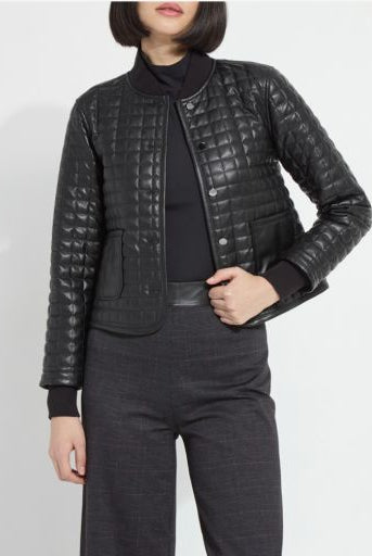 Model wearing the Lysse Agnes Quilted Vegan Leather Jacket in black, cropped box-quilted jacket with snap front over a black turtleneck