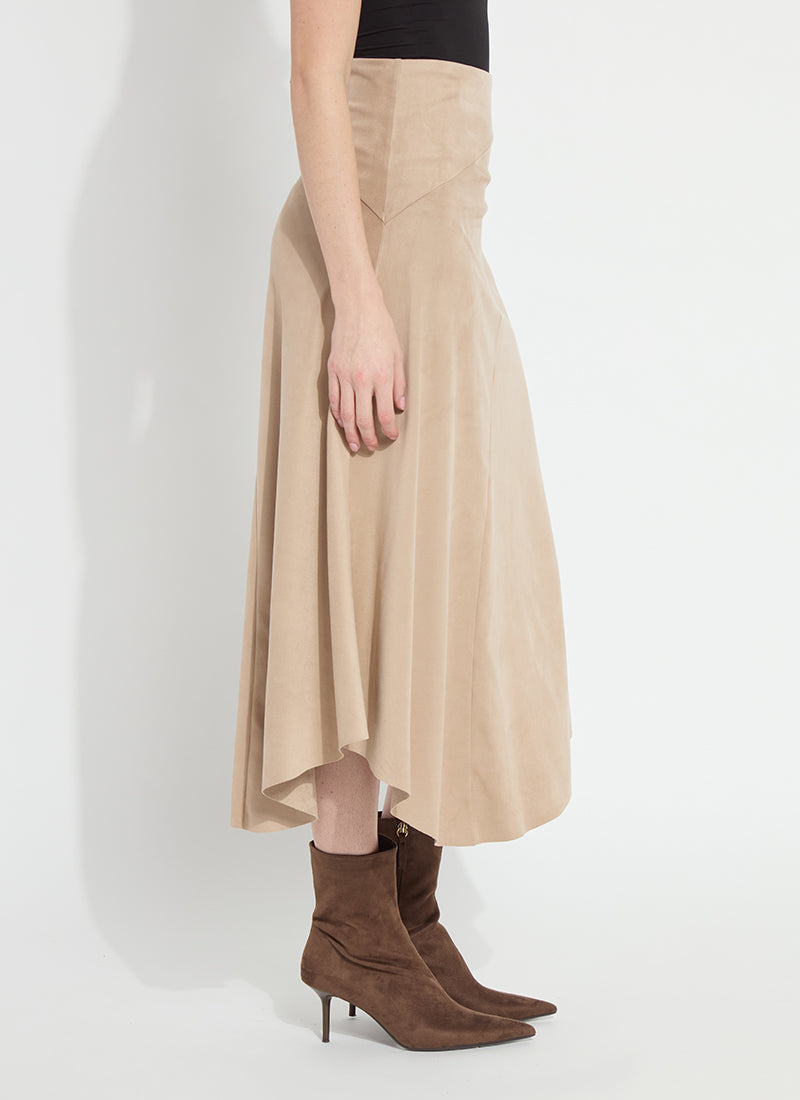 Lysse Azalea Asymmetric Hem Vegan Suede Skirt in Salted Caramel, side view showing the asymmetric hem