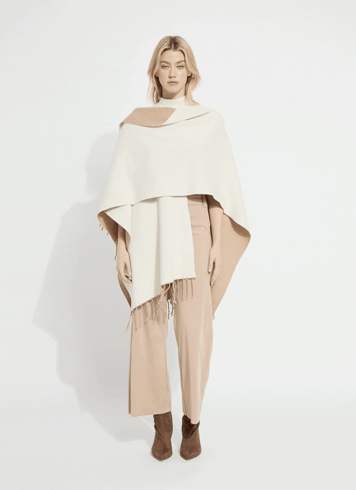 Lysse Basilia Double Face Reversible Wrap in Warm Biscuit Buttercream, worn with the buttercream side out