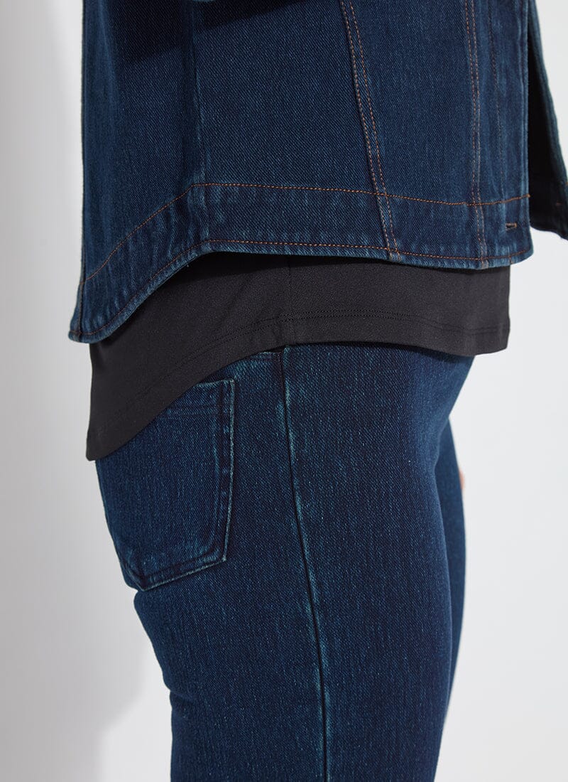 Detail view of the Lysse classic denim jacket in indigo