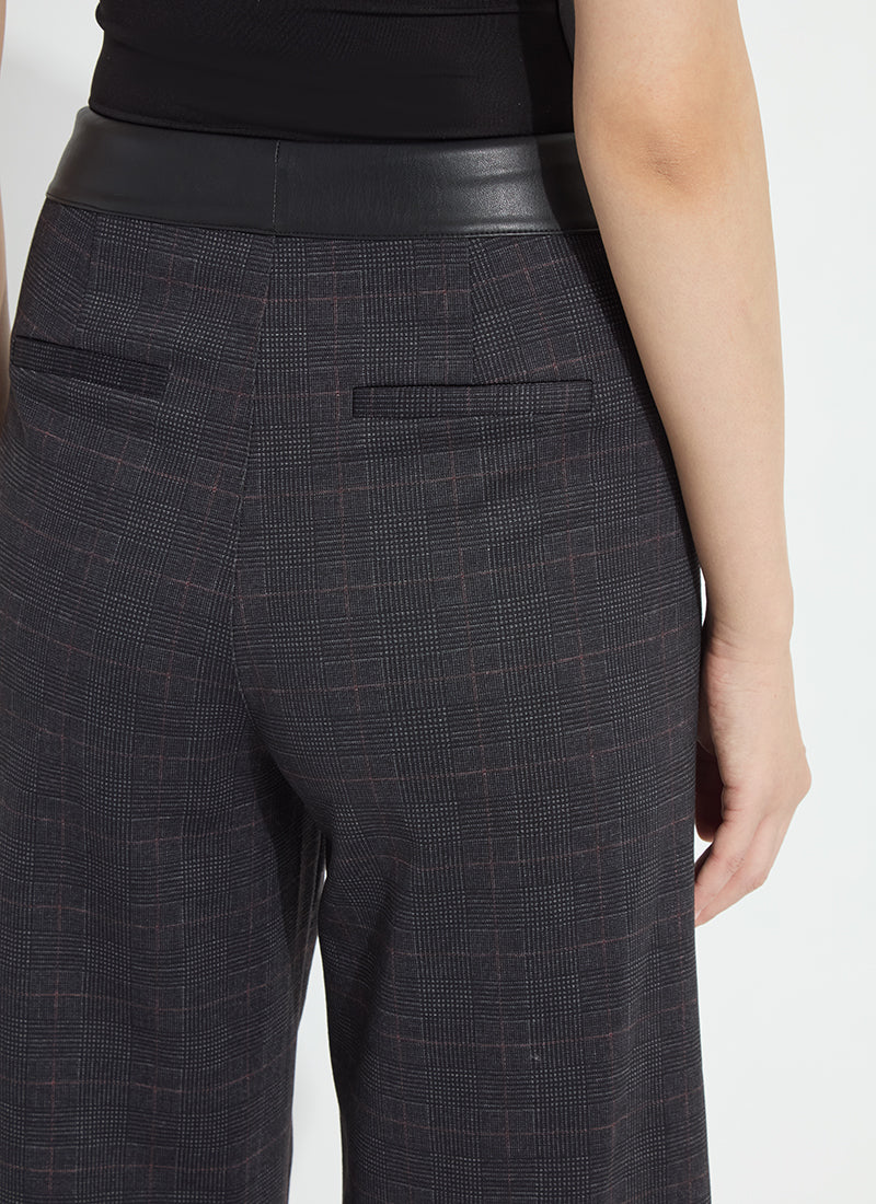 Lysse Denver Hi Waist Wide Leg Printed Ponte in Midnight Manor Plaid, close-up of the vegan leather waistband