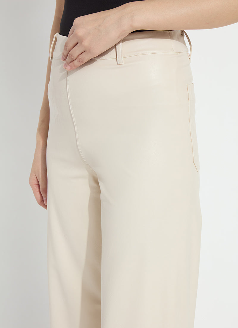 Lysse Hi Waist Vegan Leather Wide Leg Pant in Travertine, close-up of the high waist and front pockets