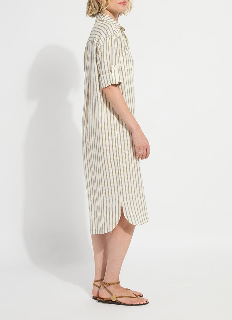 Lysse Juniper linen tunic shirt dress in olive grove stripe, alternate view