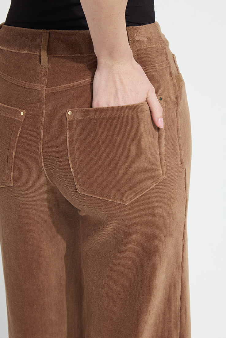Lysse Tilda St Baby Cord Wide Leg Pant in Antique Toffee, close-up of the baby cord front pocket