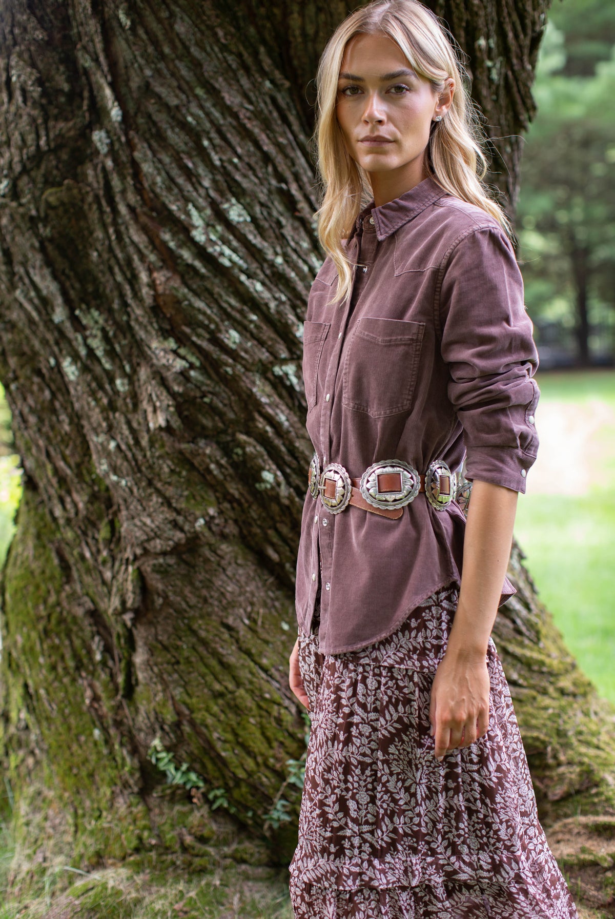 Marea Corduroy Western Shirt in Brown, full-length view with a western belt and midi skirt