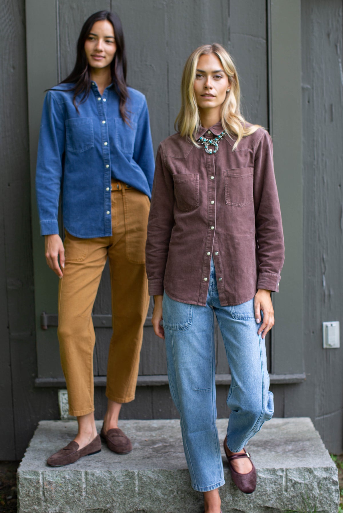 Marea Corduroy Western Shirt shown in Indigo and Brown, styled with jeans and trousers