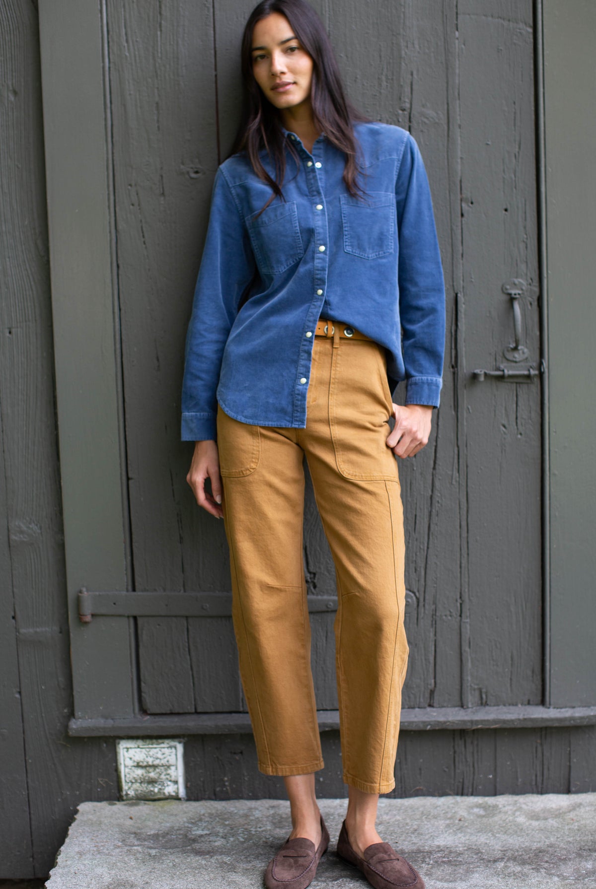 Marea Corduroy Western Shirt in Indigo, full-length view with camel pants and loafers