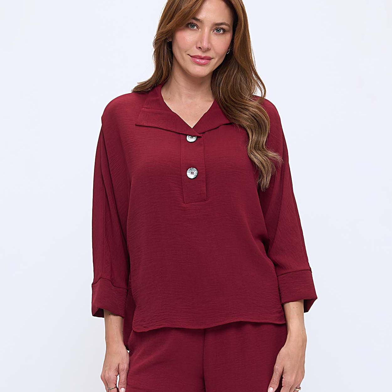 Woven Half Placket Dolman Top