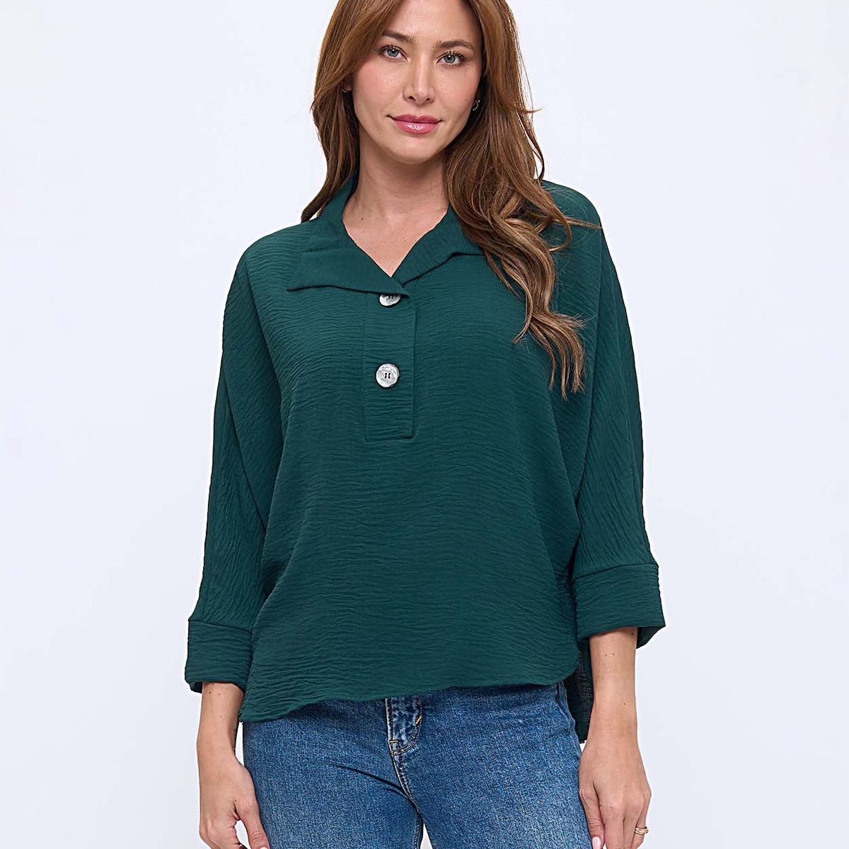 Woven Half Placket Dolman Top