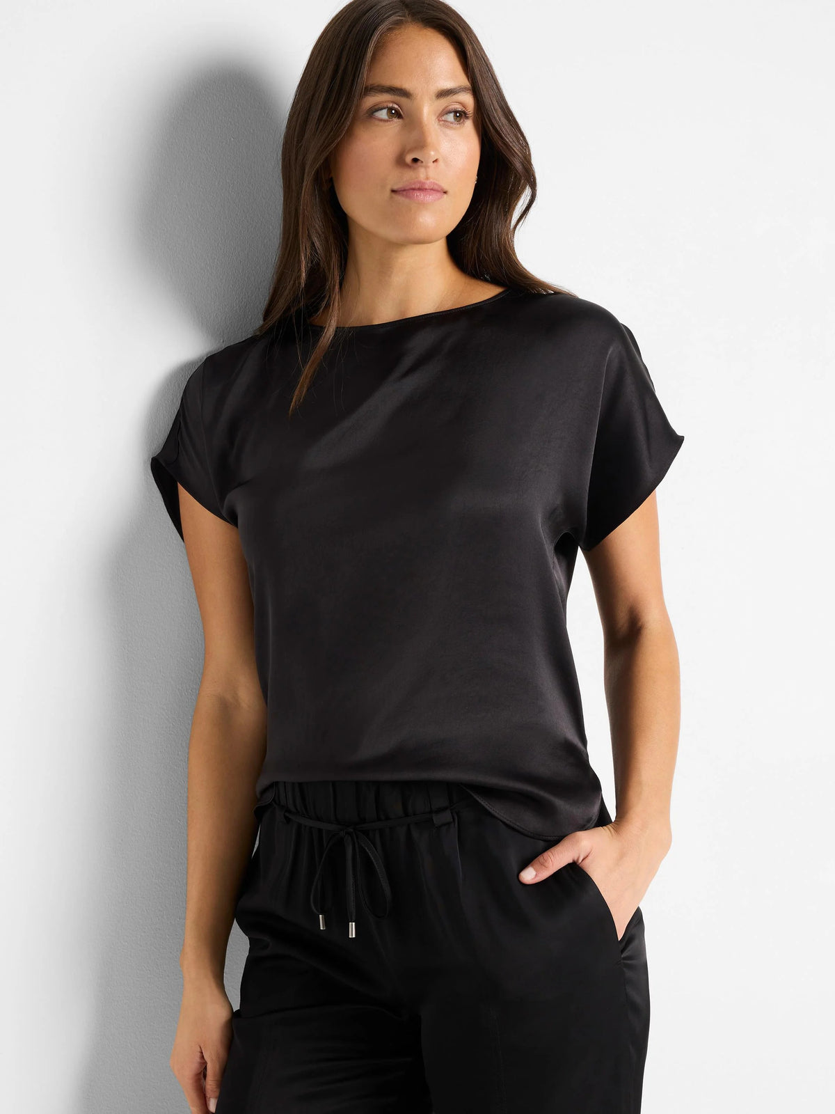 NIC+ZOE Day Gloss Woven Tee in Black, front view