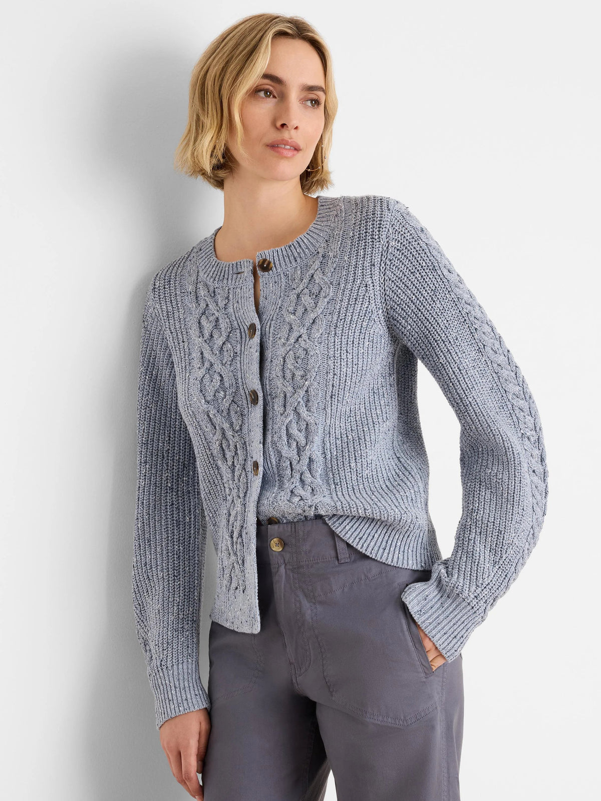 NIC+ZOE Flecked Shaker Cardigan in Blue Mix, front view