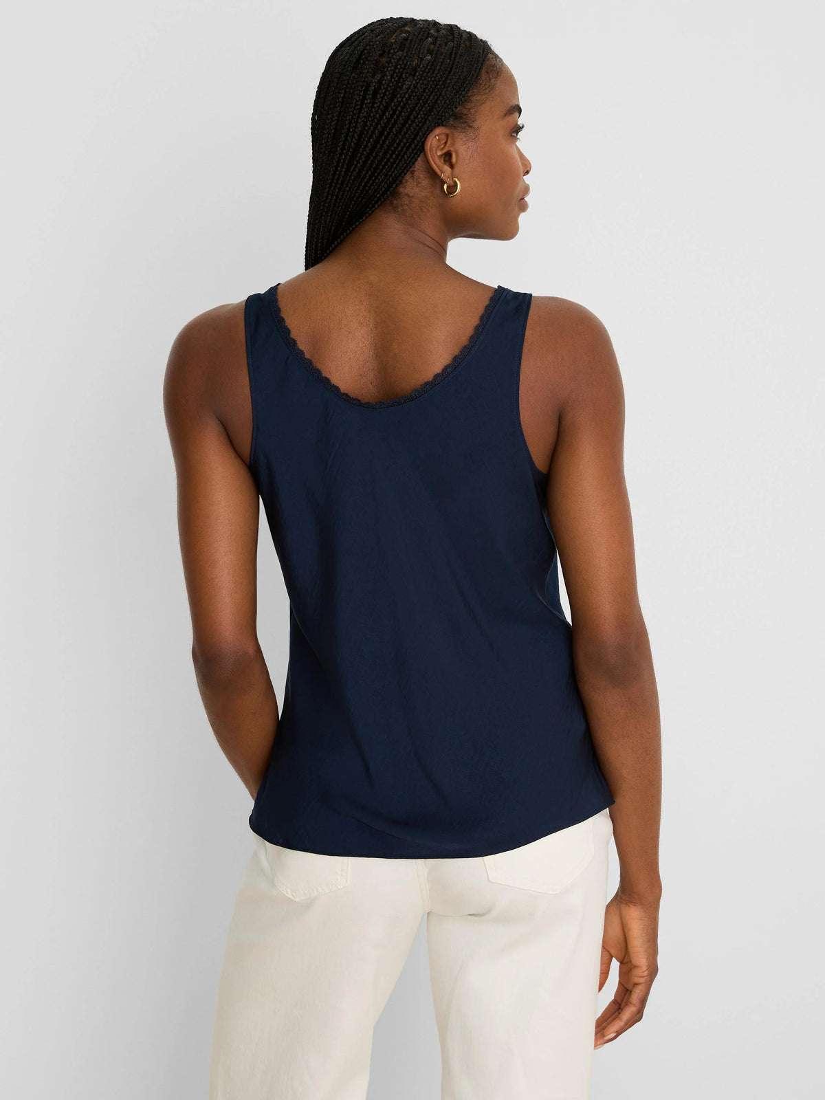 NIC+ZOE Lace Trim Day Gloss Tank in Dark Indigo, back view