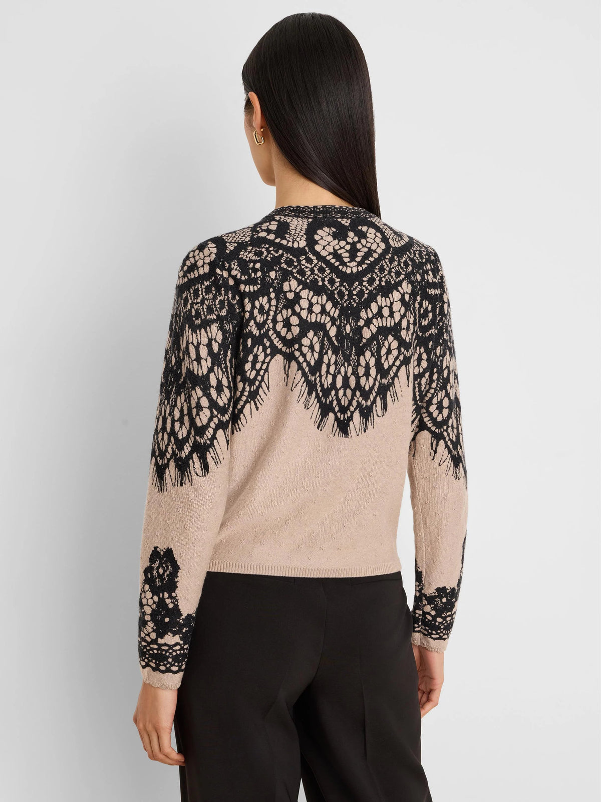 NIC+ZOE Placed Lace Print Cardigan in Neutral Multi, back view