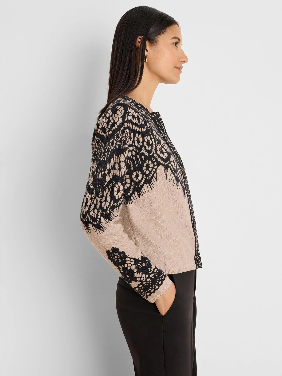 NIC+ZOE Placed Lace Print Cardigan in Neutral Multi, side view