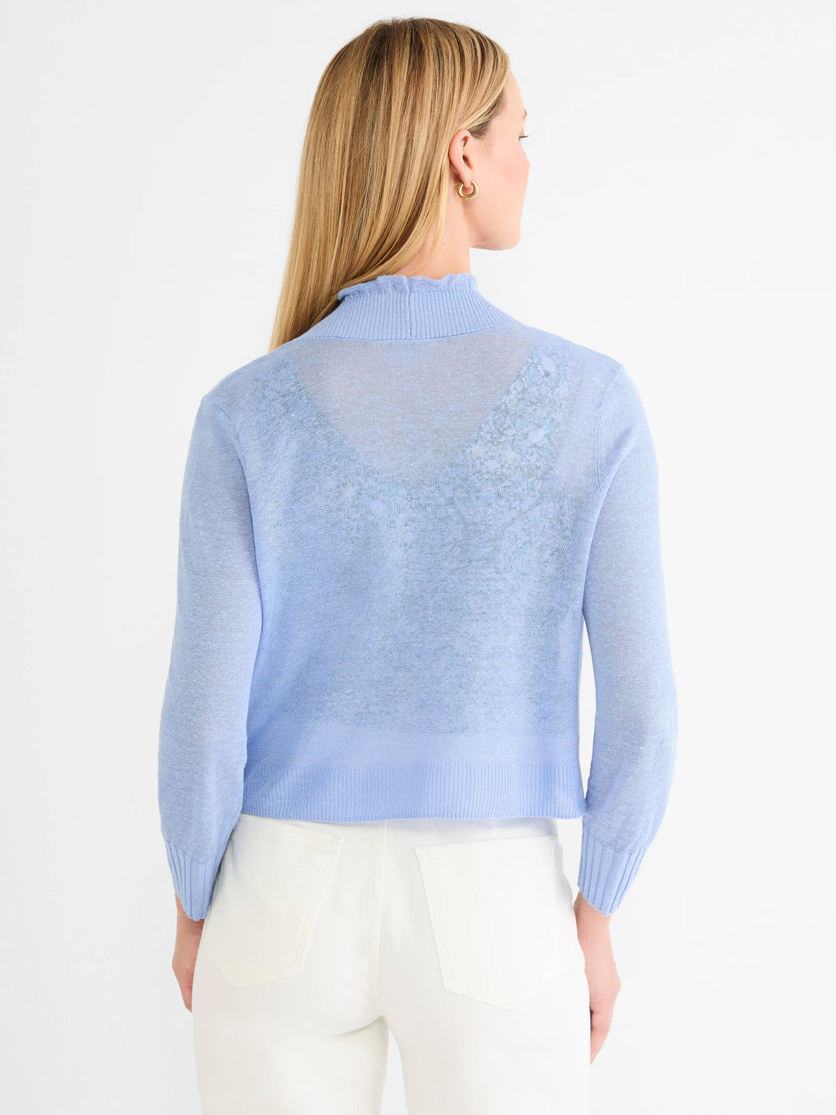 NIC+ZOE Ruffle Featherknit Cardigan in French Blue, back view