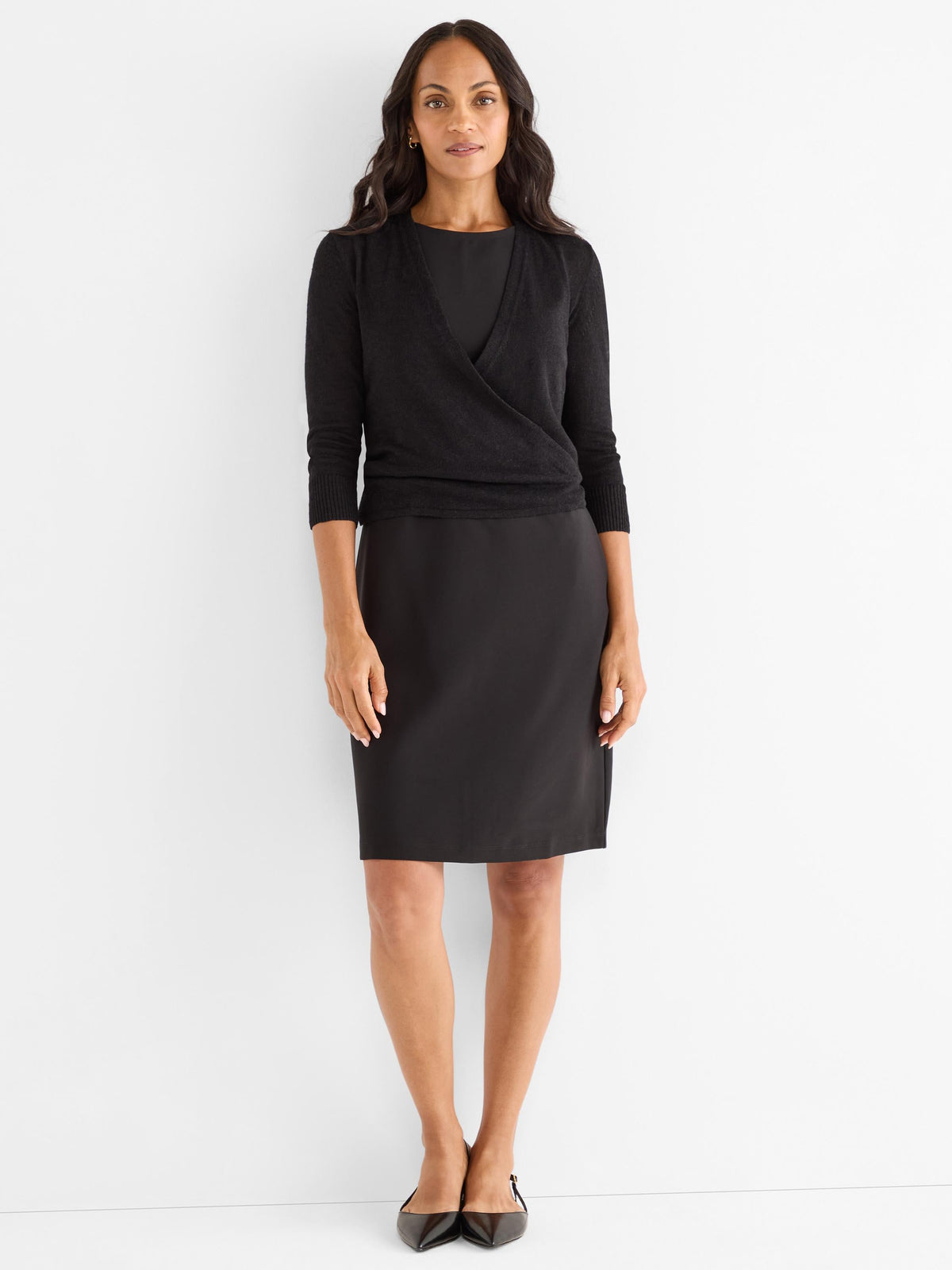 NIC+ZOE Sleek Stretch Little Black Dress in Black, full-length view