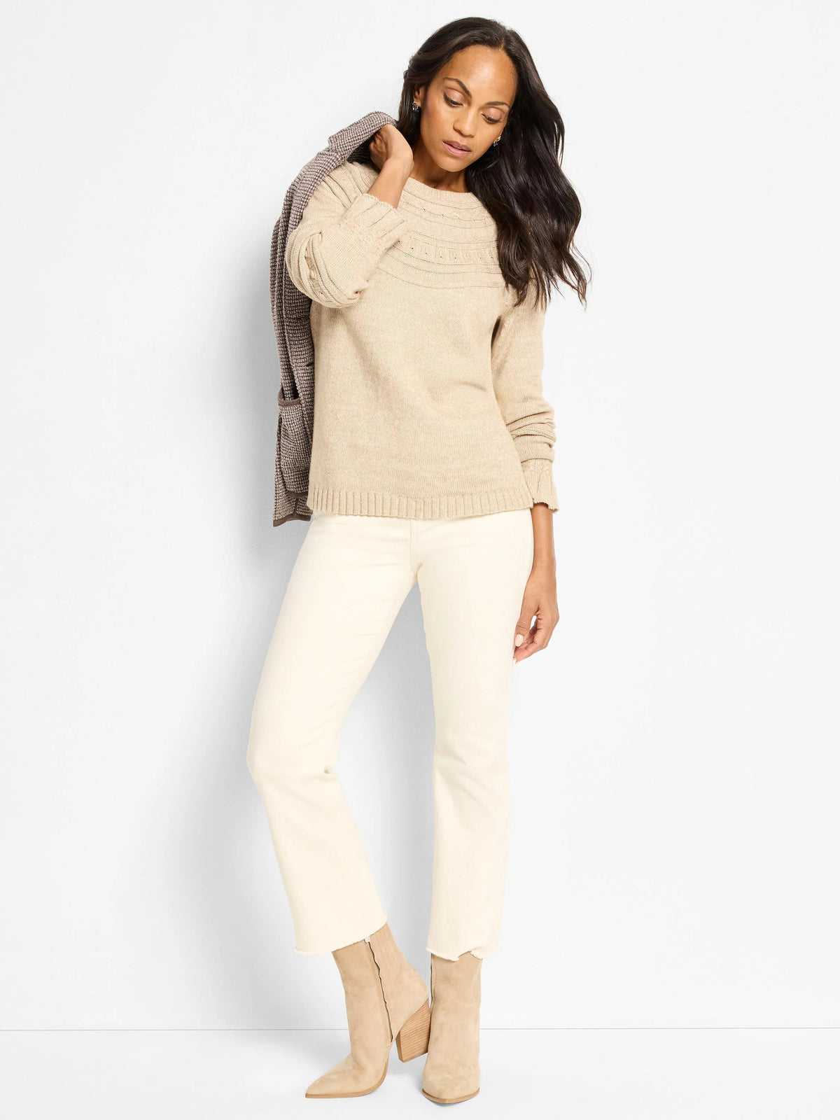 NIC+ZOE Textural Dot Cozy Sweater in Taupe, full-length view