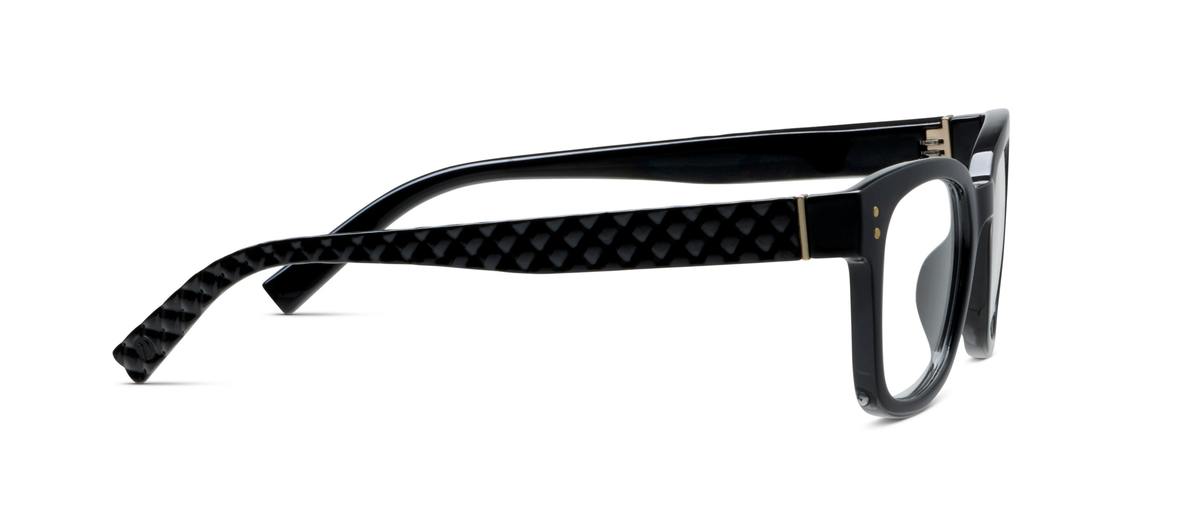 Peepers Aubrey blue light reading glasses in black, side view of the temple