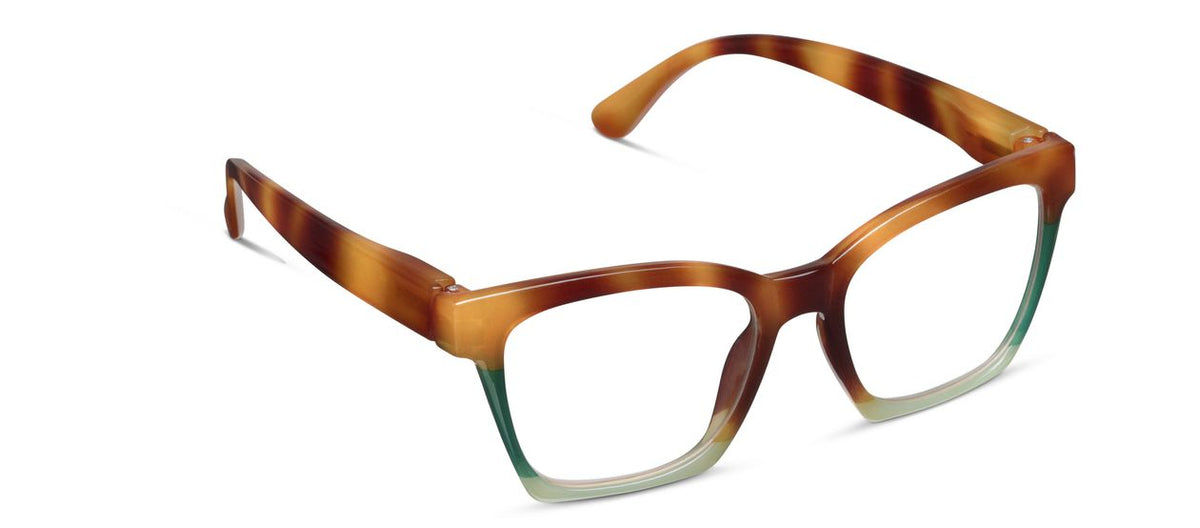 Peepers Birdie blue light reading glasses in Blonde Tortoise Colorblock, angled view