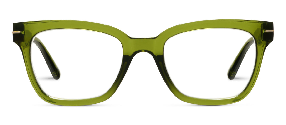 Peepers Buzzworthy blue light reading glasses in translucent green, front view