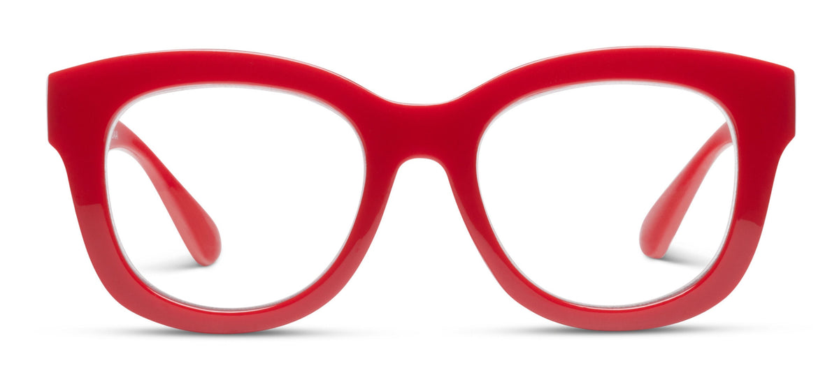 Peepers Center Stage oversized blue light reading glasses in red, front view