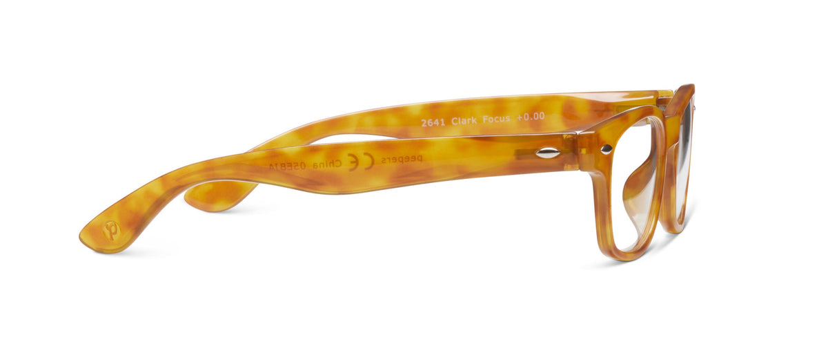 Peepers Clark Focus blue light reading glasses in Honey Tortoise, side view with silver pin detail