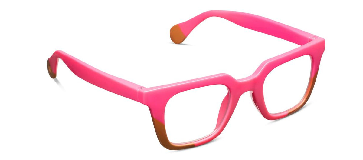 Peepers Page blue light reading glasses in pink and tan, angled view