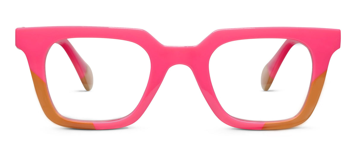 Peepers Page blue light reading glasses in pink and tan, front view