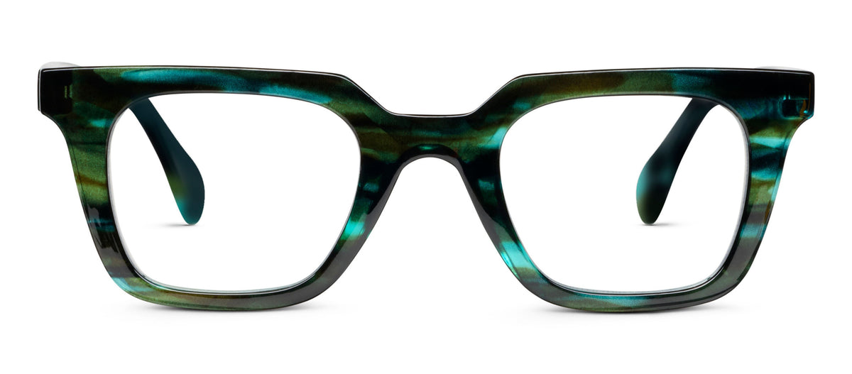 Peepers Page blue light reading glasses in Teal Horn, front view