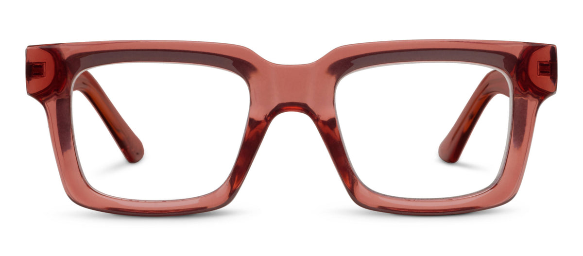 Peepers Spotlight chunky square blue light reading glasses in rose, front view