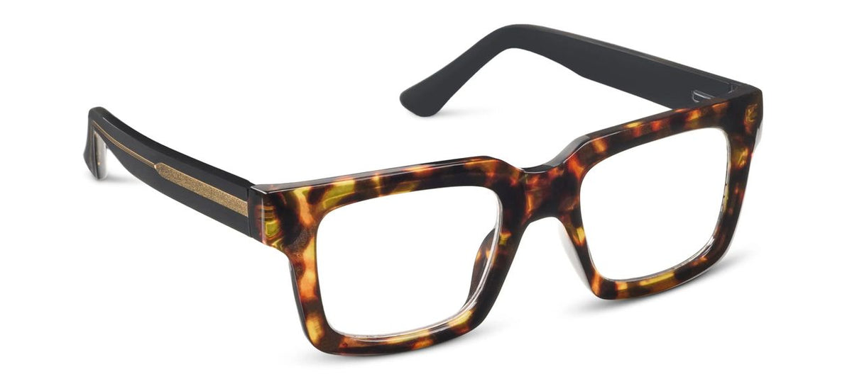 Peepers Spotlight blue light reading glasses in tortoise and black, angled view