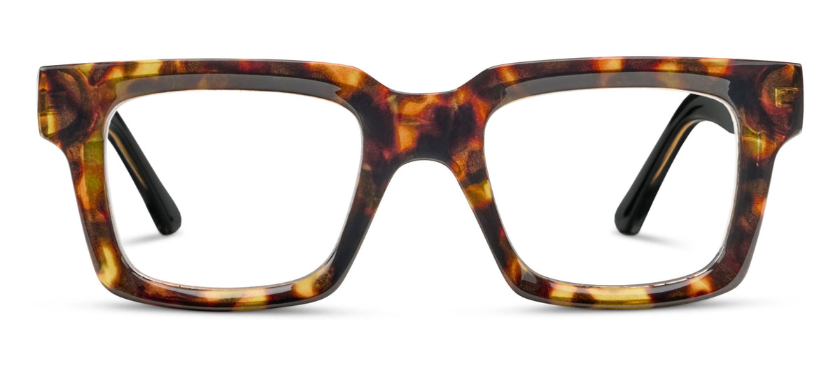Peepers Spotlight chunky square blue light reading glasses in tortoise and black, front view