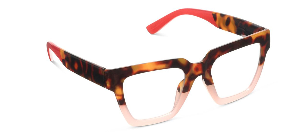 Peepers Take A Bow blue light reading glasses in tortoise and blush, angled view