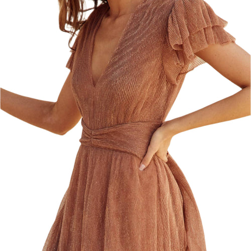 Pleats And Thank You Flutter Sleeve Maxi Dress in Rose Gold – Fabric Detail