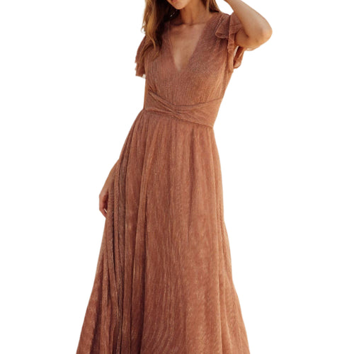 Pleats And Thank You Flutter Sleeve Maxi Dress in Rose Gold – Front View