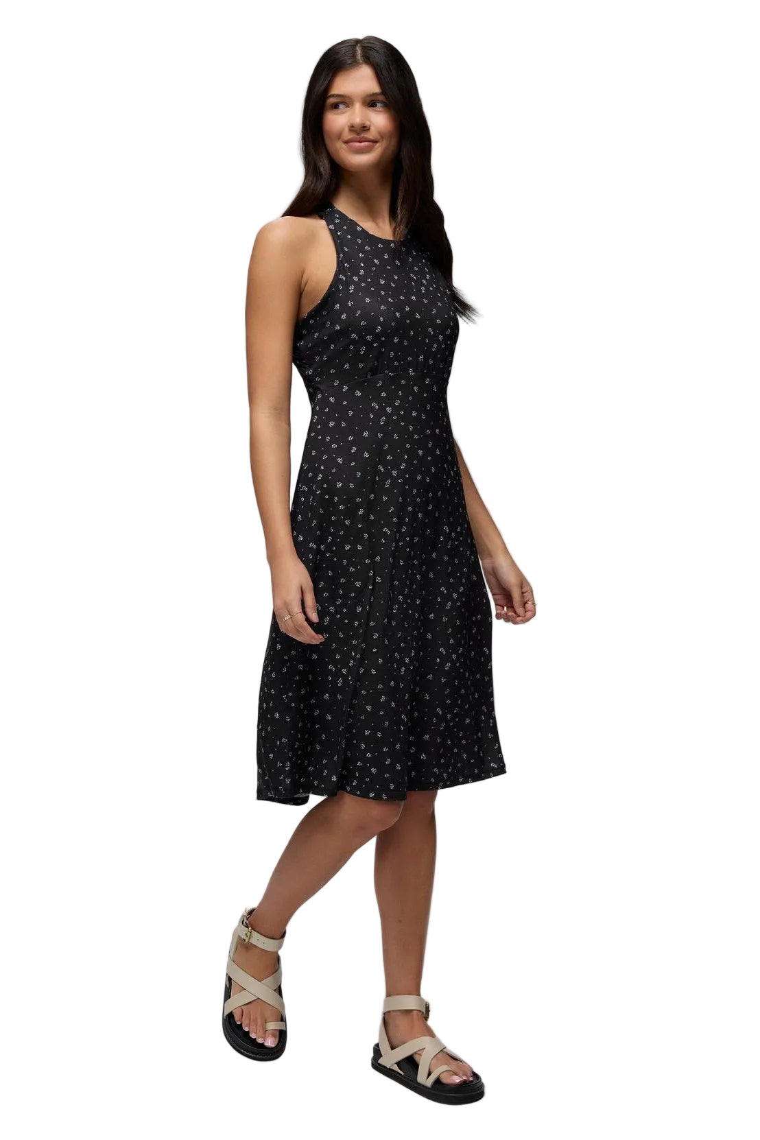 Prana Jewel Lake Summer Dress in Black Spring Fling small floral print, sleeveless midi, front view