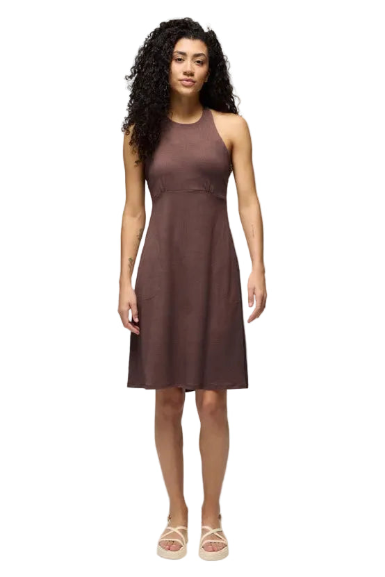 Prana Jewel Lake Summer Dress in solid brown, sleeveless high-neck midi silhouette, front view