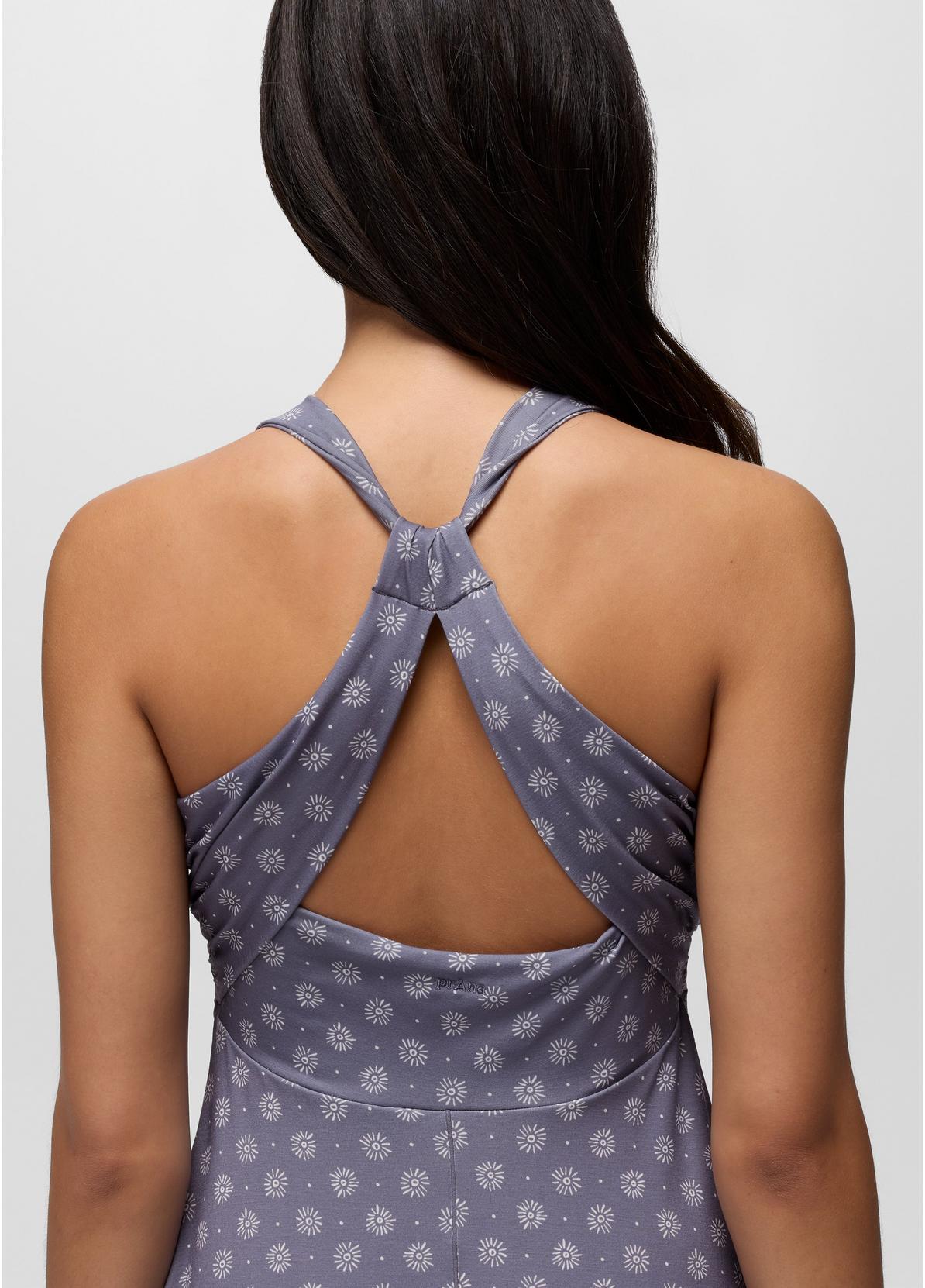 Twisted back strap detail on the Prana Jewel Lake Summer Dress in periwinkle dot print