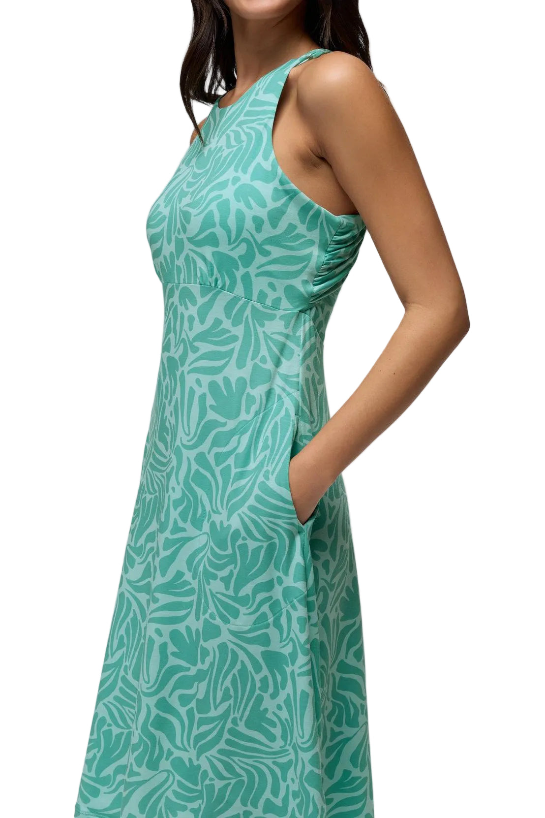 Close-up of the Prana Jewel Lake Summer Dress in Sea Glass Seaweed aqua leaf print with side pocket