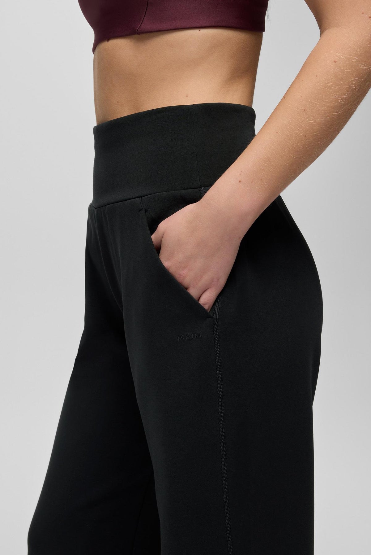 prAna Shea Soft Wide Leg Pant in Black, close-up of the side pocket