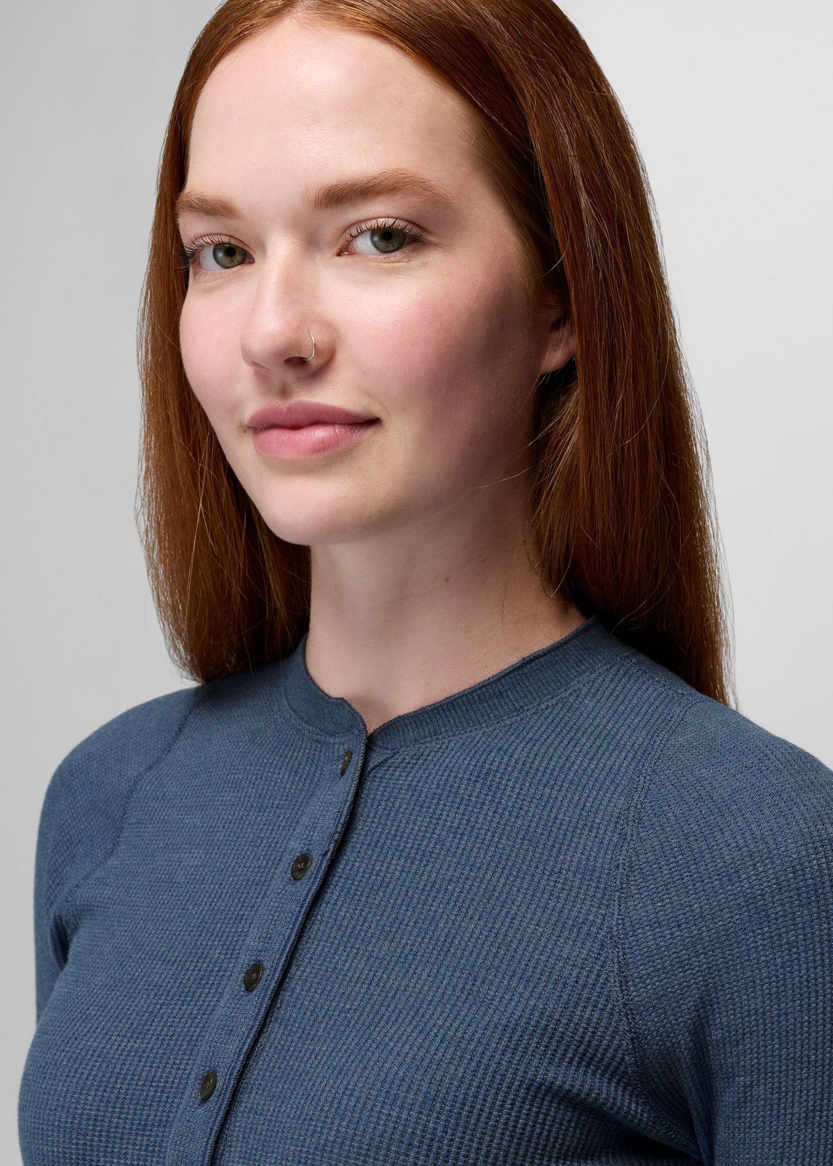 prAna Touchstone Henley in Bluff Blue Heather, close-up detail