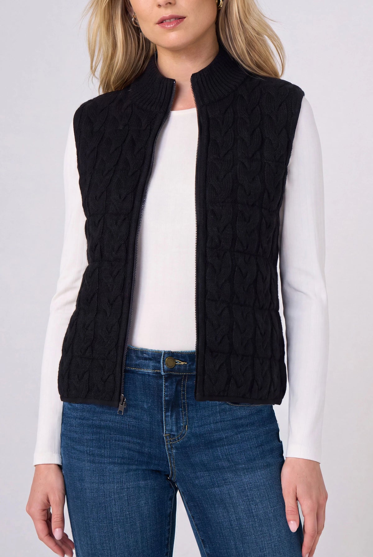 Reversible Zip-Front Quilted Sweater Vest in Black, cable-knit side, front view