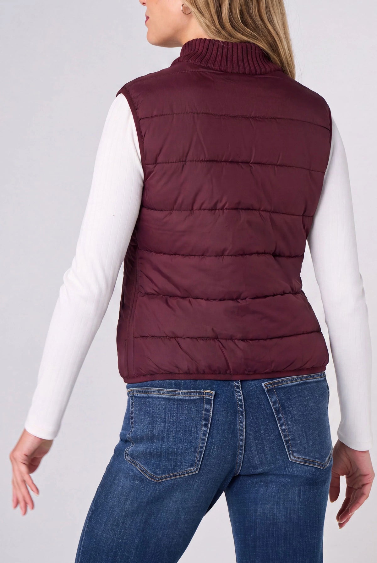 Reversible Zip-Front Quilted Sweater Vest in Dark Oxblood, quilted puffer side, back view